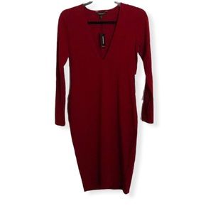 Express Long Sleeve V-Neck Bodycon Dress in Burgundy
